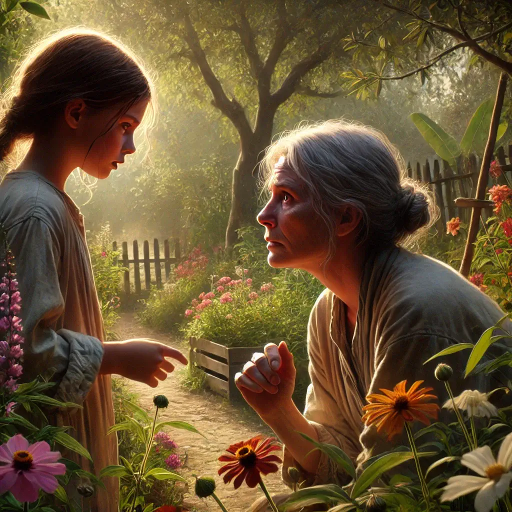 Una madre e una figlia adulta in piedi in un giardino, immerse in un momento di confronto emotivo durante un conflitto madre figlia adulta, circondate da piante rigogliose e fiori, con la luce del sole che filtra attraverso gli alberi