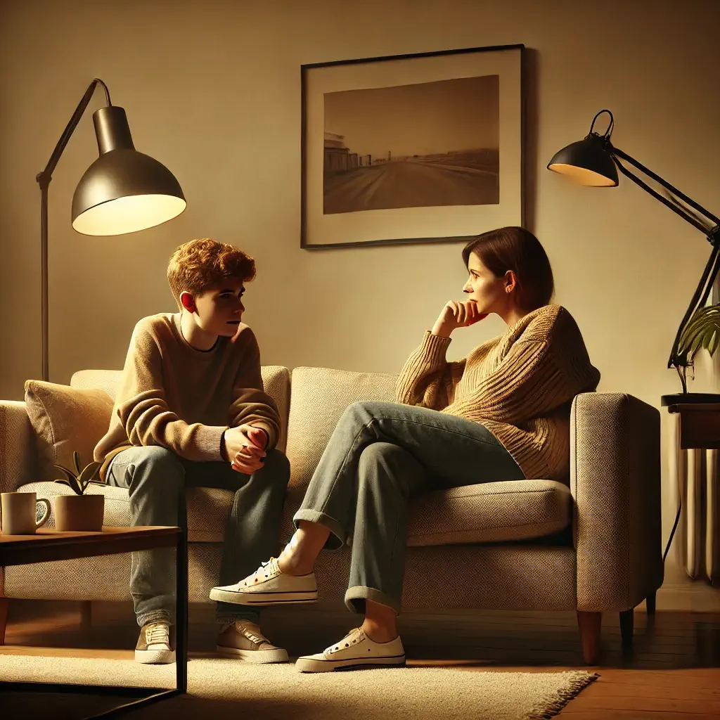 Madre e figlio adolescente parlano e si ascoltano con attenzione per risolvere problemi familiari in un ambiente caldo e accogliente.