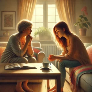 Una madre e una figlia adulta sedute a un tavolo, immerse in una conversazione emotiva che rappresenta un momento di conflitto madre figlia adulta, con un ambiente familiare accogliente sullo sfondo.