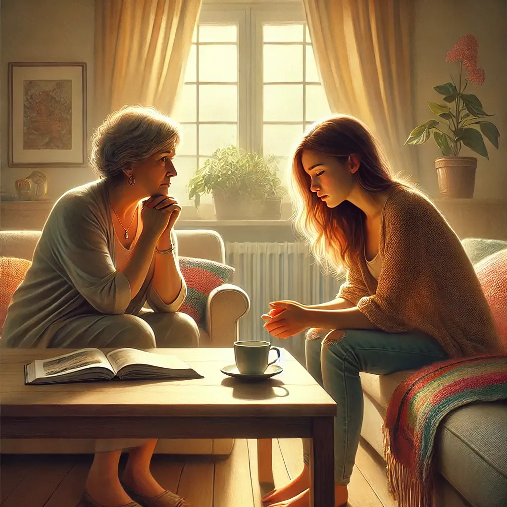 Una madre e una figlia adulta sedute a un tavolo, immerse in una conversazione emotiva che rappresenta un momento di conflitto madre figlia adulta, con un ambiente familiare accogliente sullo sfondo.