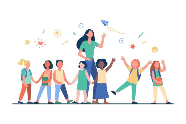 Illustrazione di un gruppo di bambini con un adulto, simboleggiando la collaborazione e l'importanza delle relazioni nel contesto della psicoterapia sistemico-relazionale per famiglie e bambini.