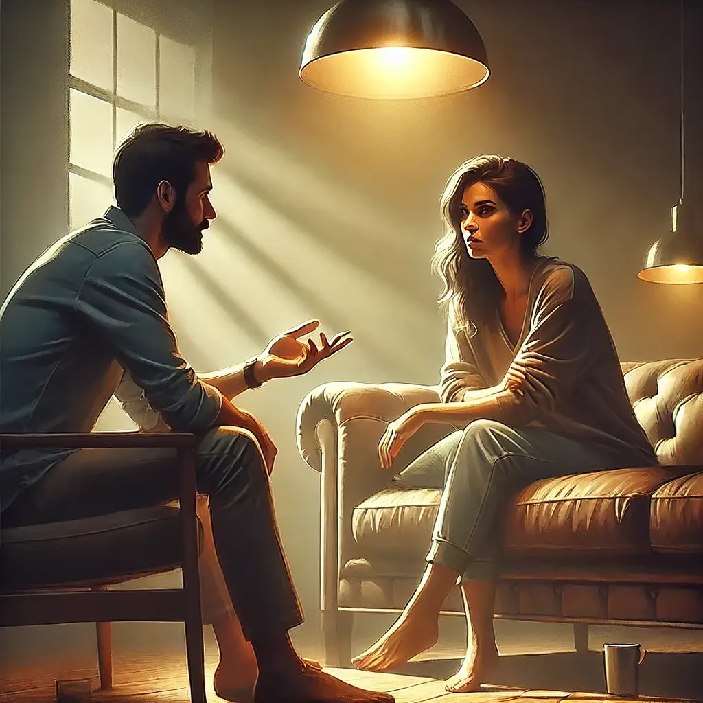 Un uomo e una donna seduti insieme su un divano in un ambiente moderno e sereno, mentre affrontano le emozioni legate alla depressione post tradimento.