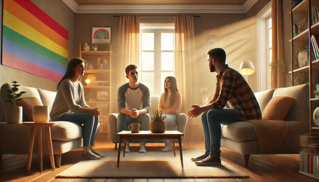 Coming out: Giovane in dialogo con la famiglia in un ambiente inclusivo.