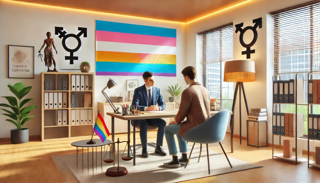 Avvocato e cliente discutono documenti legali in un ambiente inclusivo per il supporto alla disforia di genere.