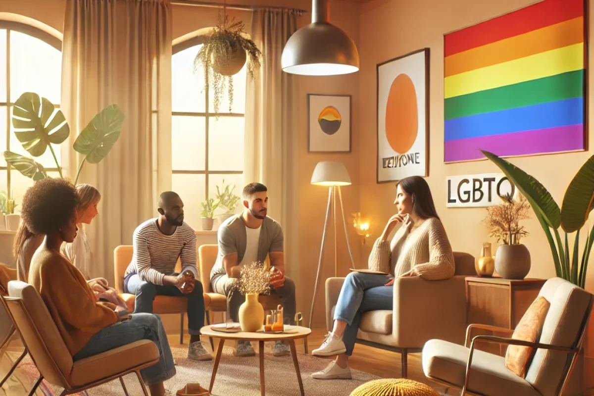 Stanza di terapia inclusiva che riflette un approccio terapeutico accogliente per LGBTQ+.